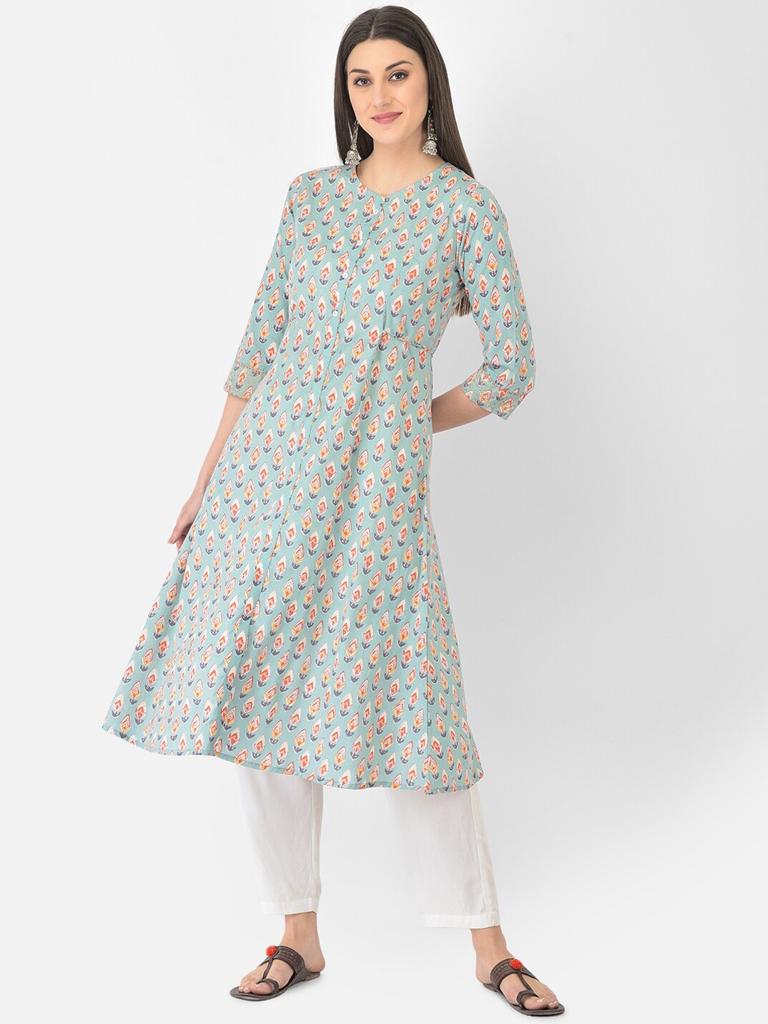 

Span Women Blue Floral Printed Keyhole Neck Thread Work Anarkali Kurta