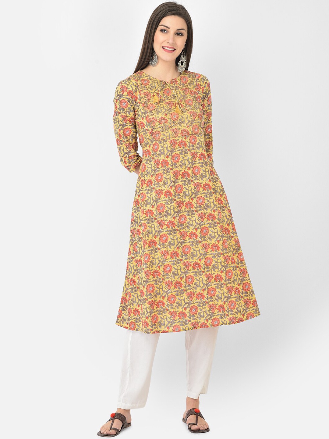 

Span Women Yellow Floral Printed Thread Work A-Line Cotton Kurta