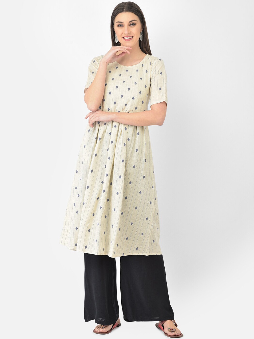 

Span Women White Geometric Printed A-Line Cotton Kurta