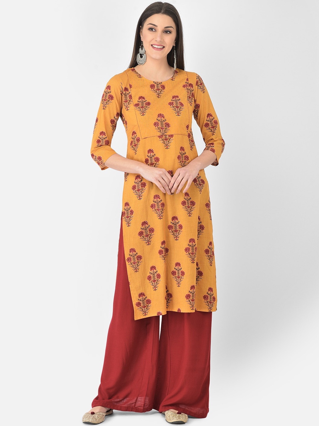

Span Women Yellow Floral Printed Thread Work Kurta