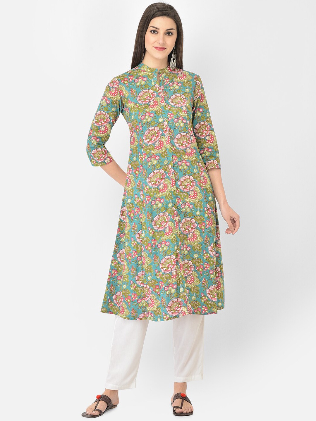 

Span Women Turquoise Blue Floral Printed Kurta
