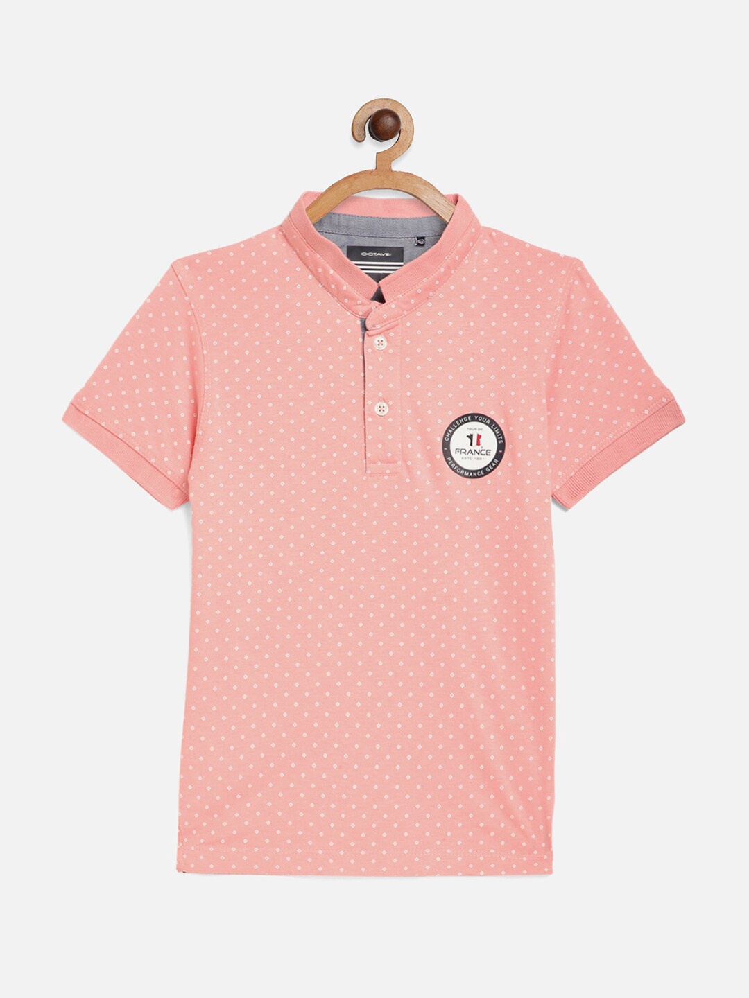 

Octave Boys Pink Printed Mandarin Collar Cotton T-shirt