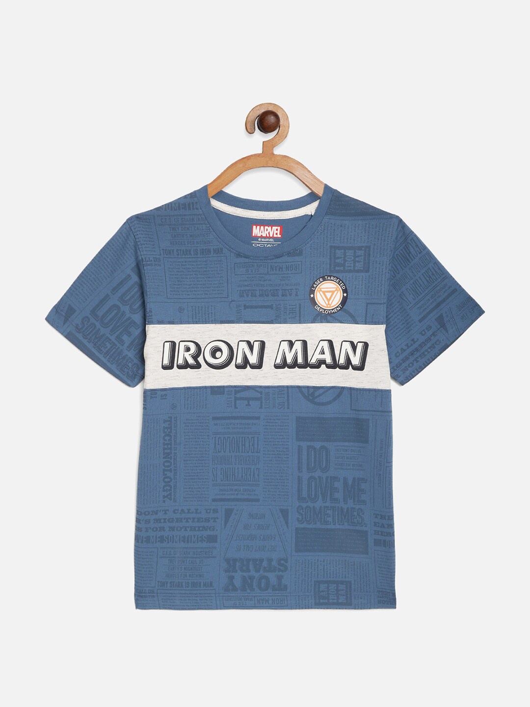 

Octave Boys Blue Typography Iron Man Printed Cotton T-shirt