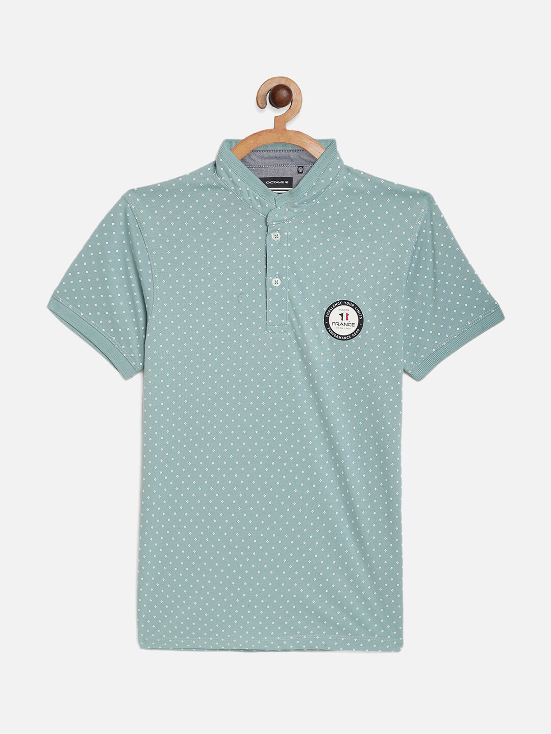 

Octave Boys Teal Printed Mandarin Collar Cotton T-shirt