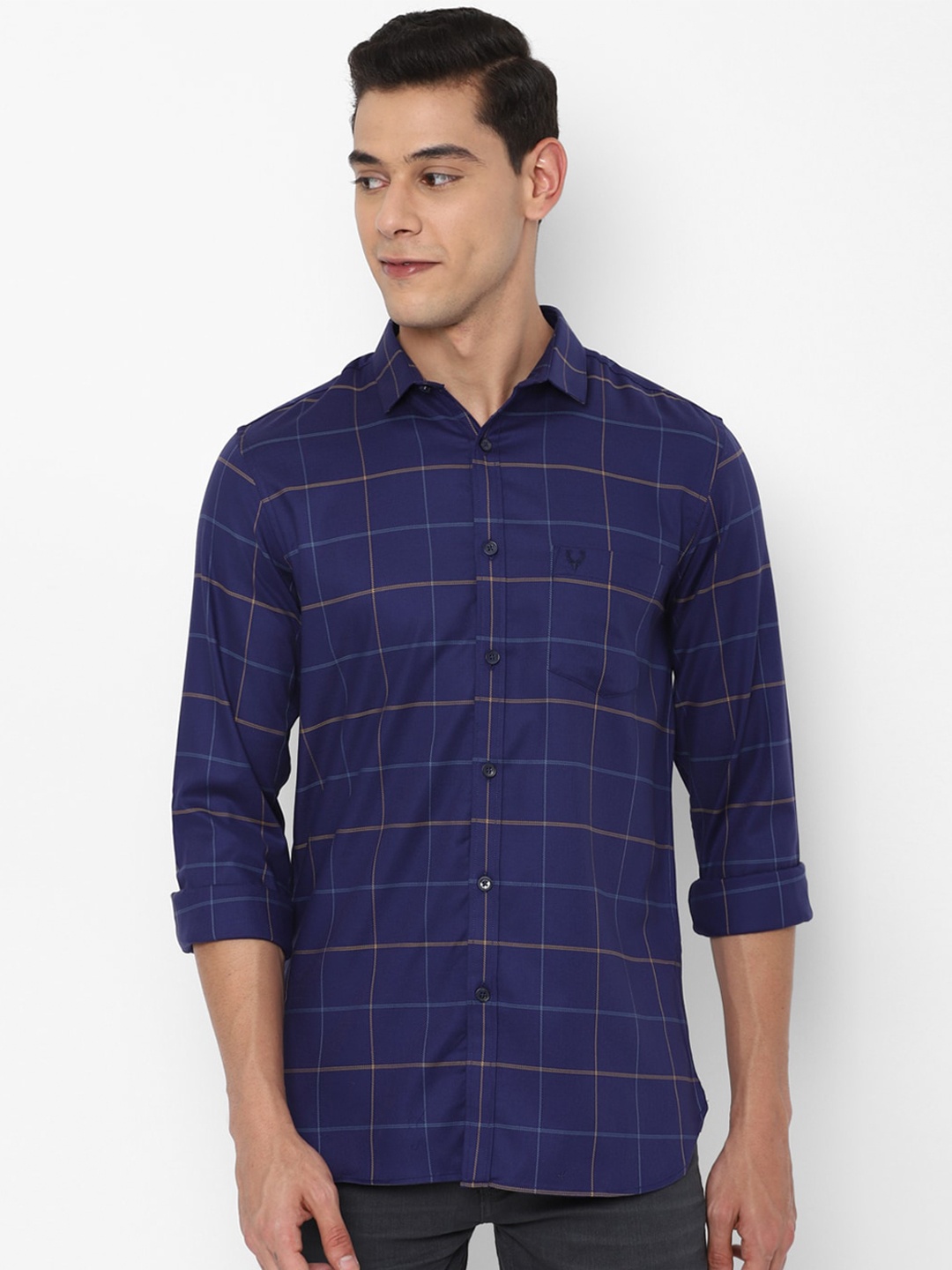 

Allen Solly Men Navy Blue Slim Fit Windowpane Checks Checked Cotton Casual Shirt