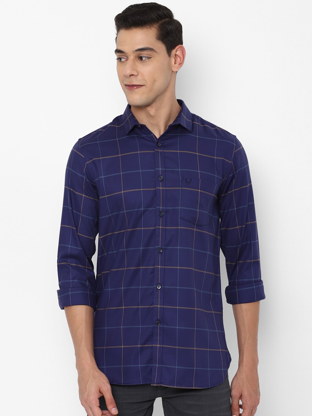 

Allen Solly Men Navy Blue Slim Fit Windowpane Checks Checked Cotton Casual Shirt