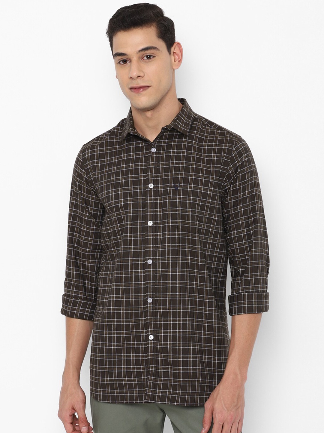 

Allen Solly Men Olive Brown Slim Fit Grid Tattersall Checks Checked Casual Shirt