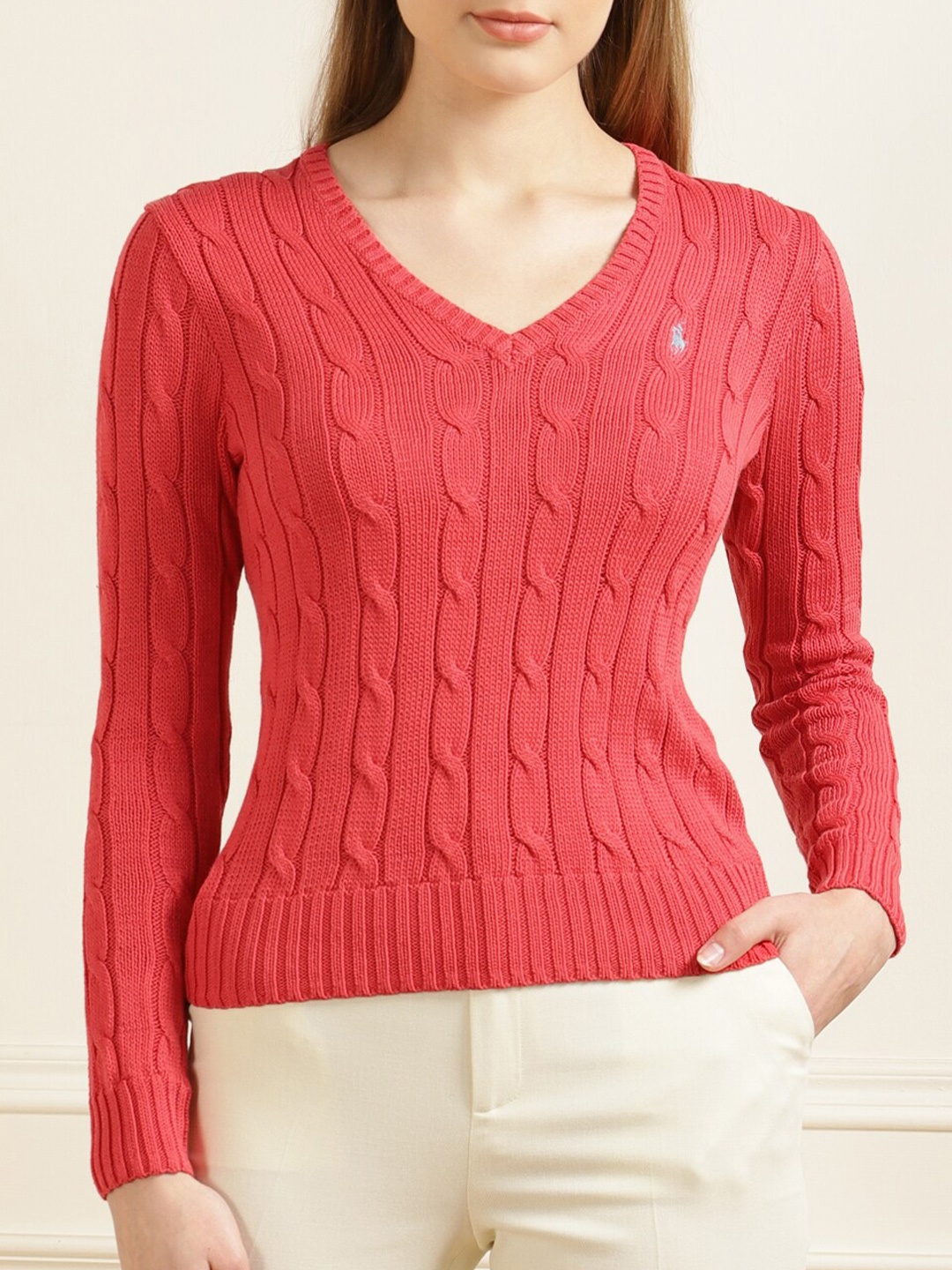 

Polo Ralph Lauren Women Red Cable Knit Cotton Cardigan