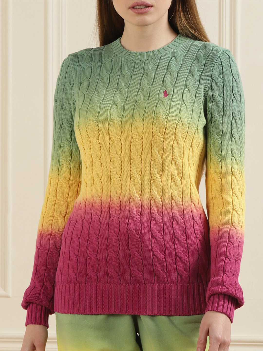 

Polo Ralph Lauren Women Yellow & Burgundy Cable Knit Ombre Cardigan