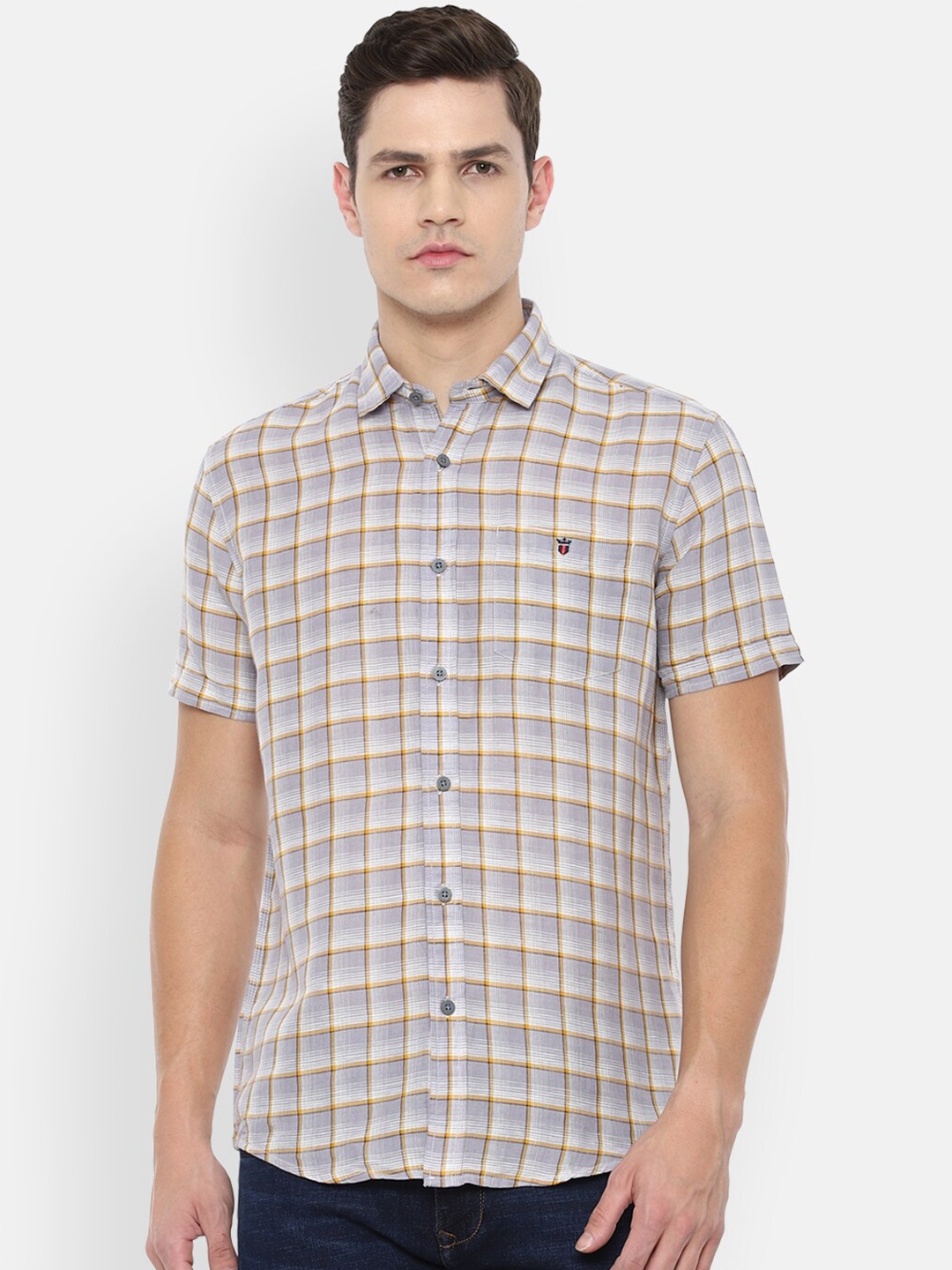 

Louis Philippe Jeans Men Grey Slim Fit Checked Linen Casual Shirt