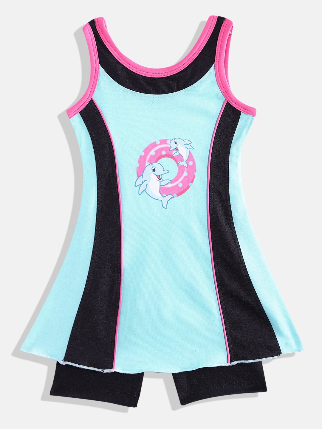 

Moms Love Girls Turquoise Blue & Black Printed UPF 40+ Swim Dress with Attached Shorts