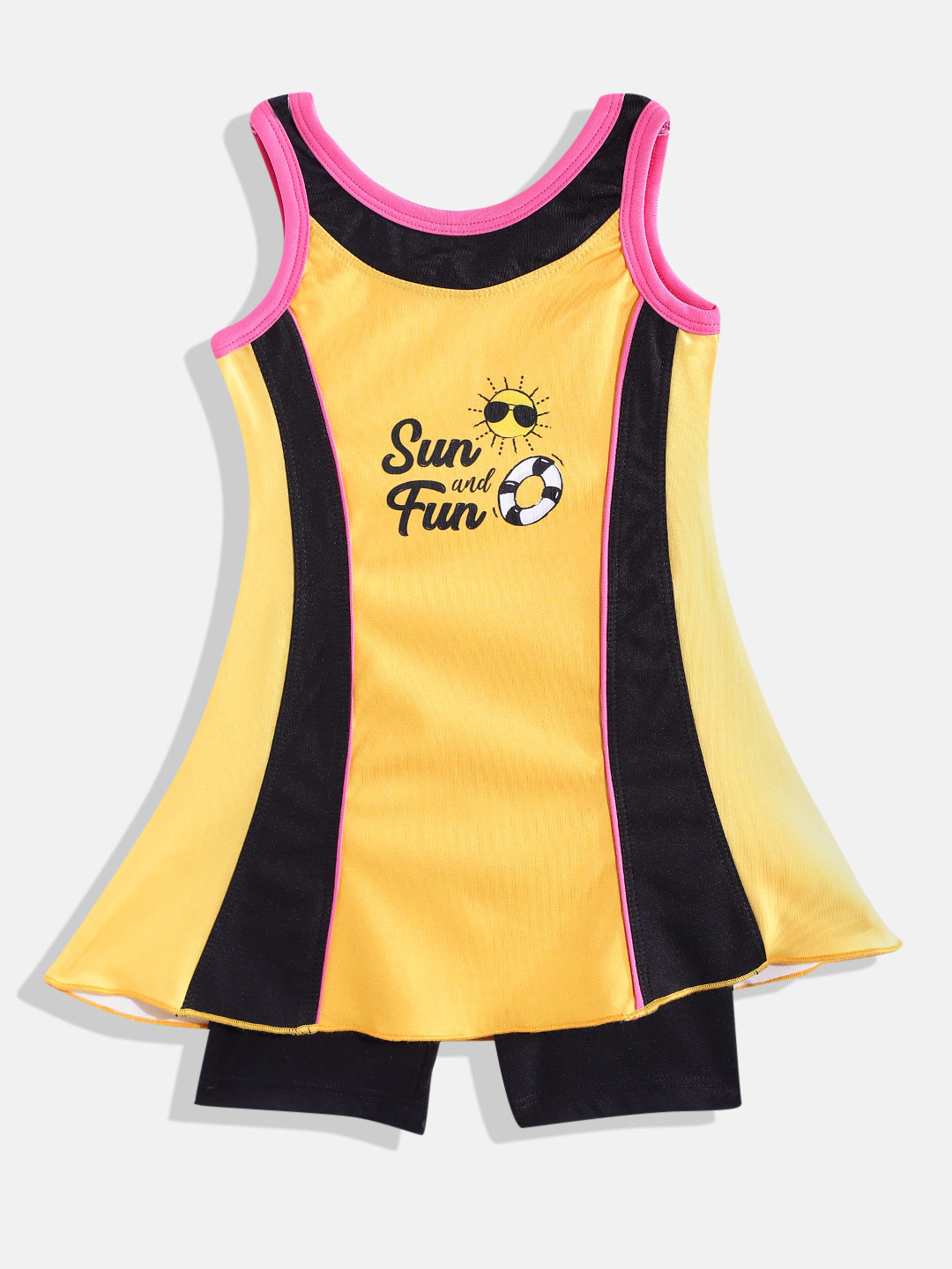 

Moms Love Girls Yellow & Black Printed UPF 40+ Swim Dress with Attached Shorts