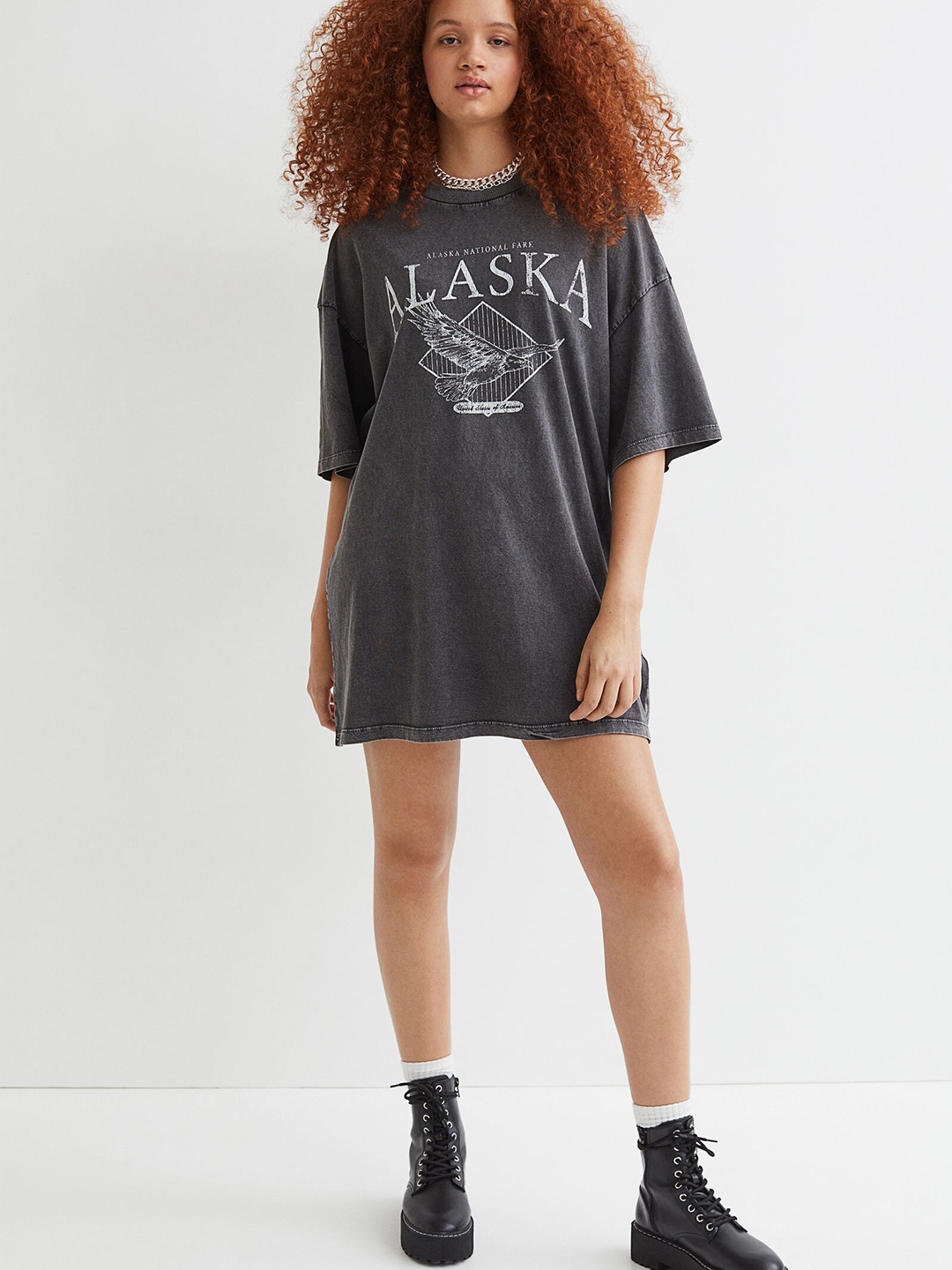 

H&M Women Grey Pure Cotton Oversized T-shirt Dress