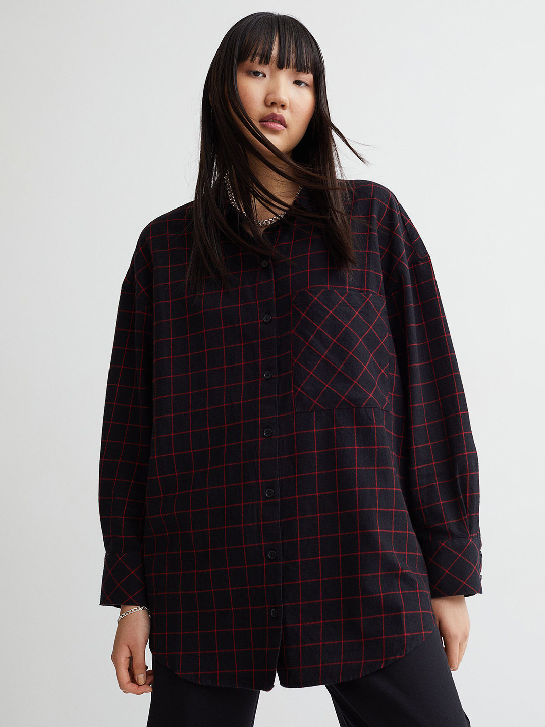 

H&M Women Black Checked Cotton Oversized Flannel Shirt