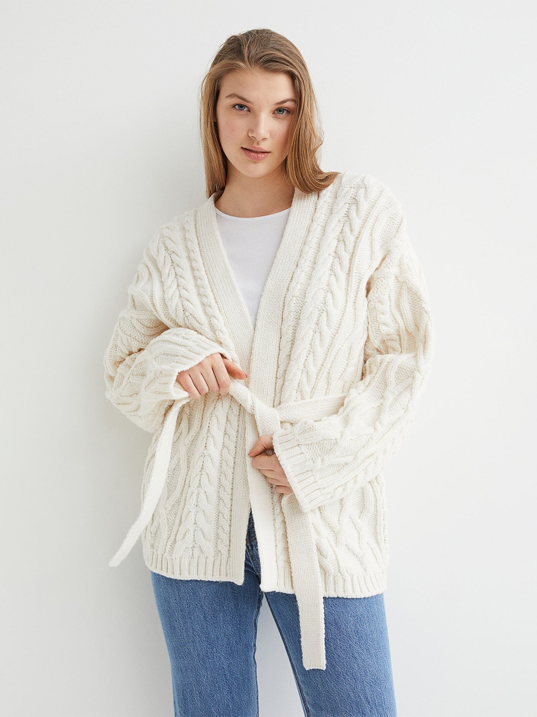 

H&M Women Tie-Belt Cable-Knit Cardigan, White