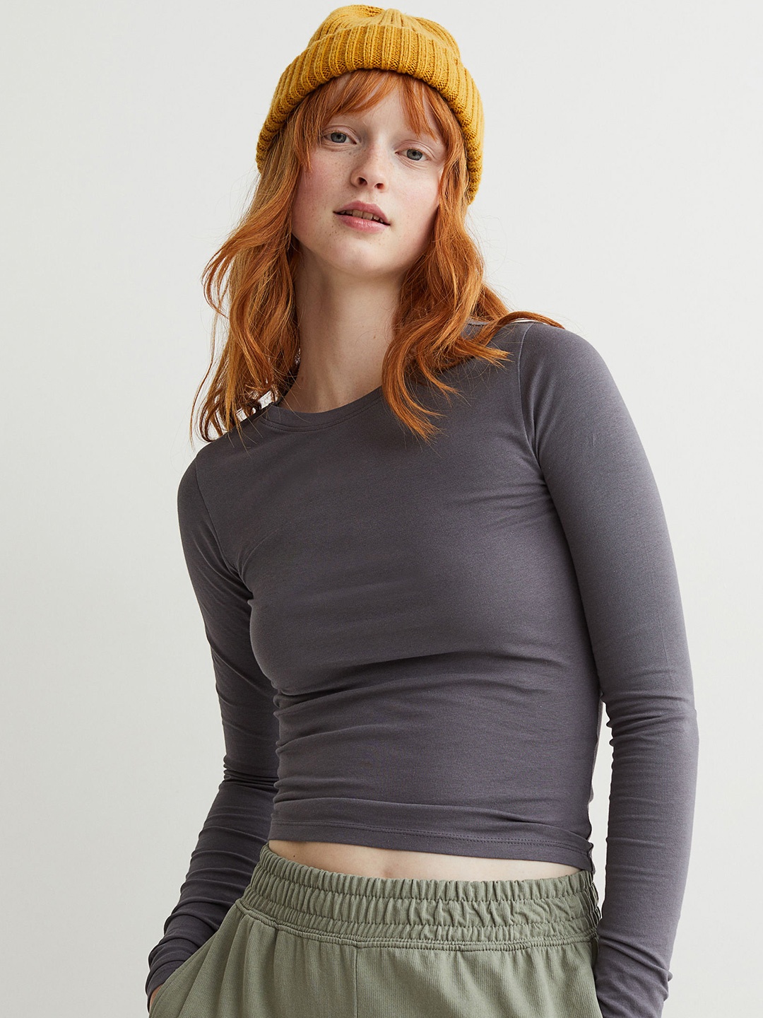 

H&M Women Charcoal Grey Short Jersey Top