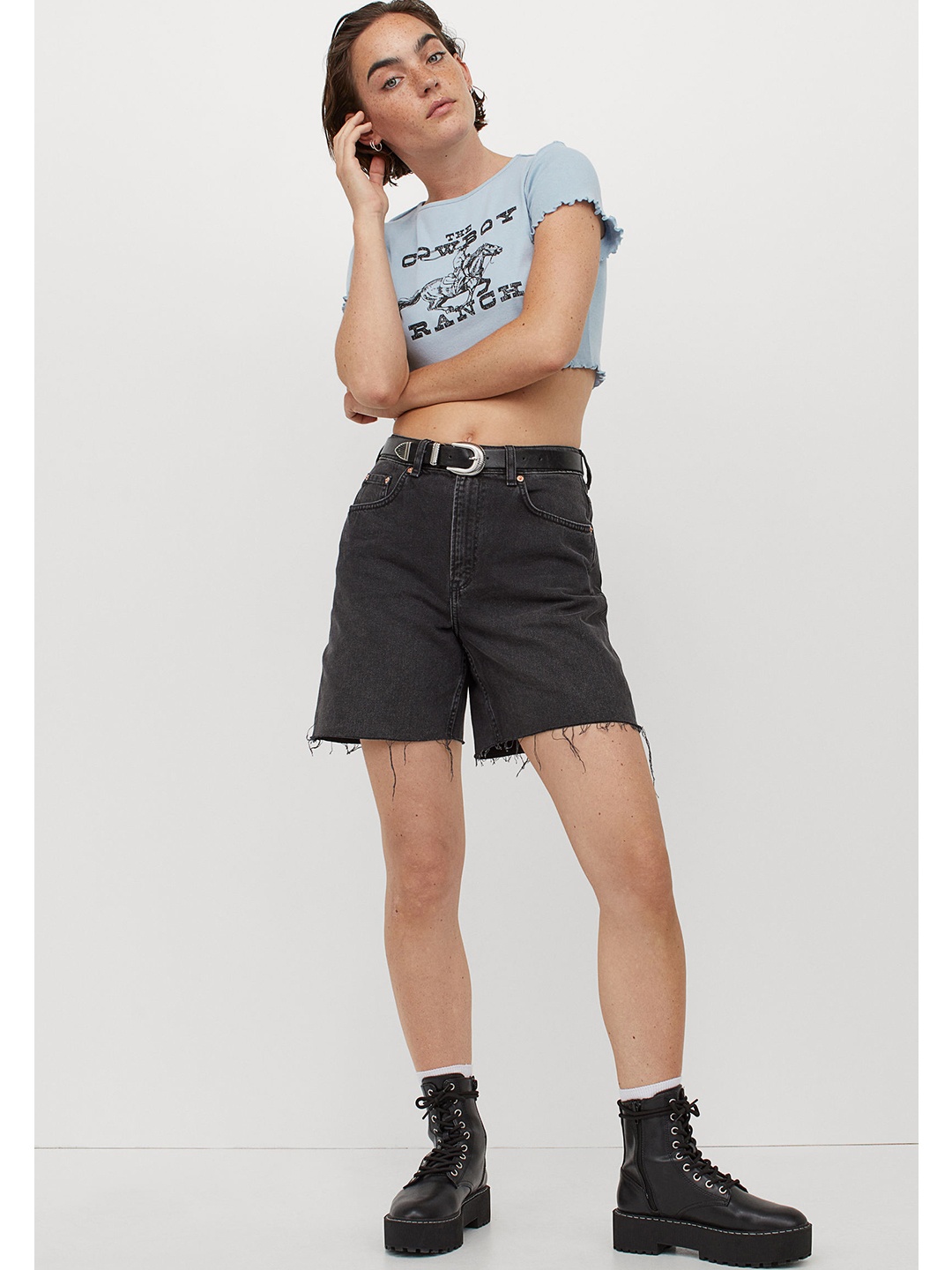 

H&M Women Blue Printed Cropped Top