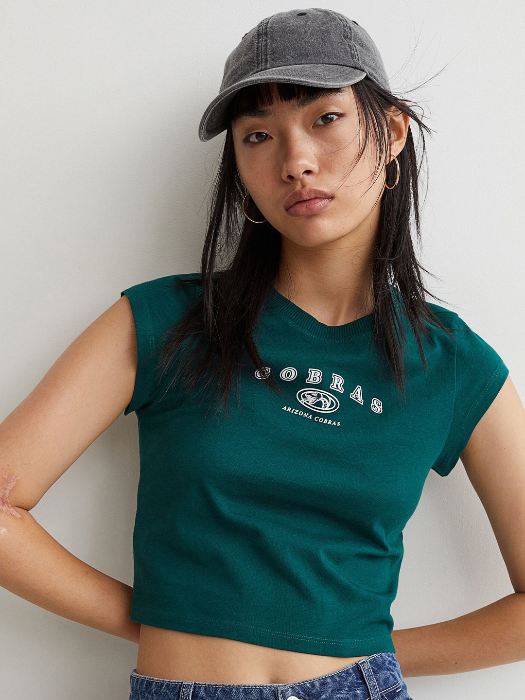 

H&M Women Green Pure Cotton Short Jersey Top