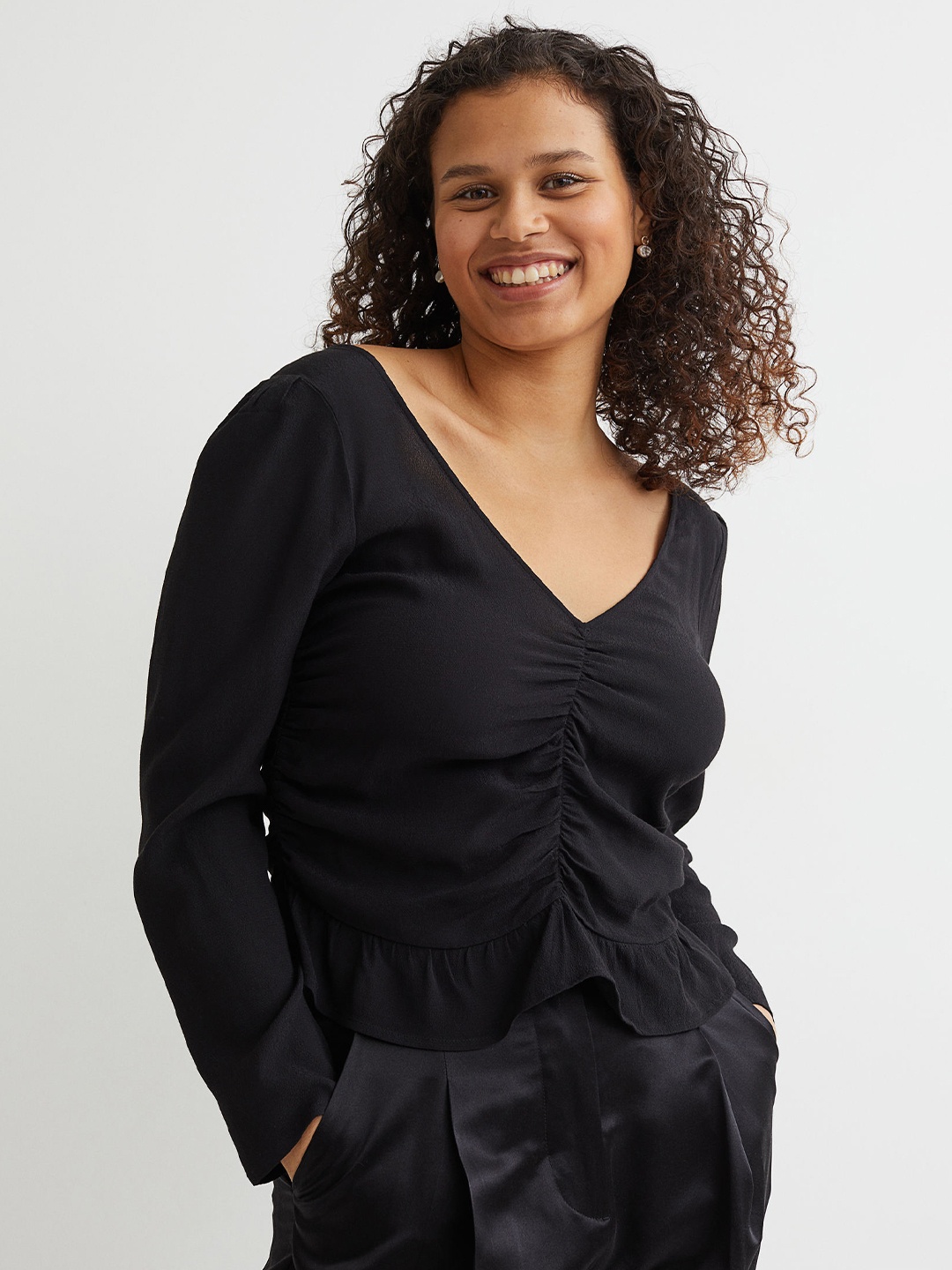 

H&M Puff-Sleeved Peplum Blouse, Black