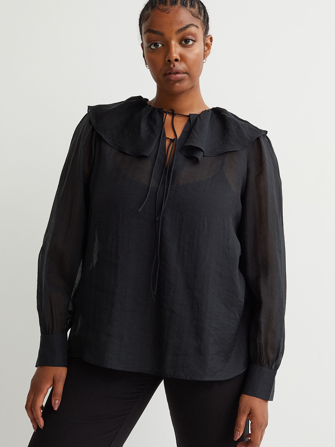 

H&M Women Black Flounce-Collared Blouse