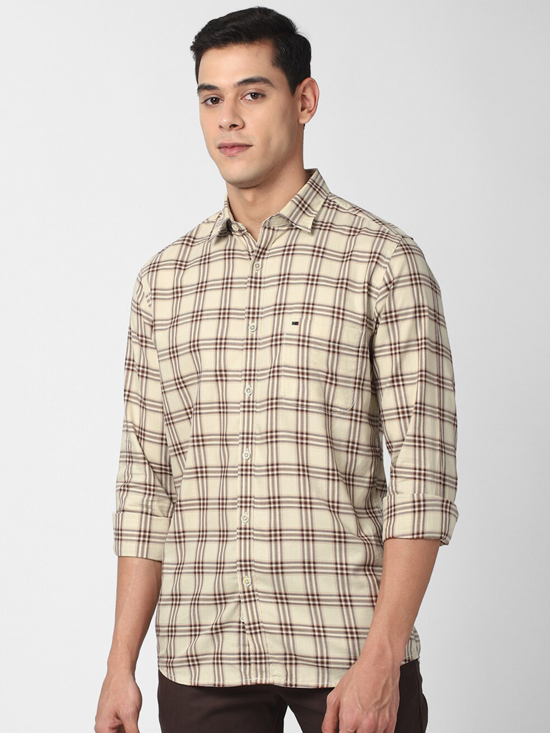 

Peter England Casuals Men Khaki Slim Fit Checked Cotton Casual Shirt