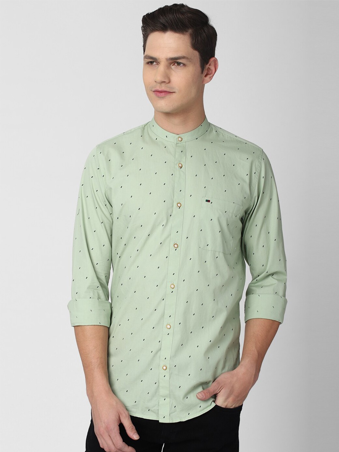 

Peter England Casuals Men Mint Green Slim Fit Printed Cotton Casual Shirt