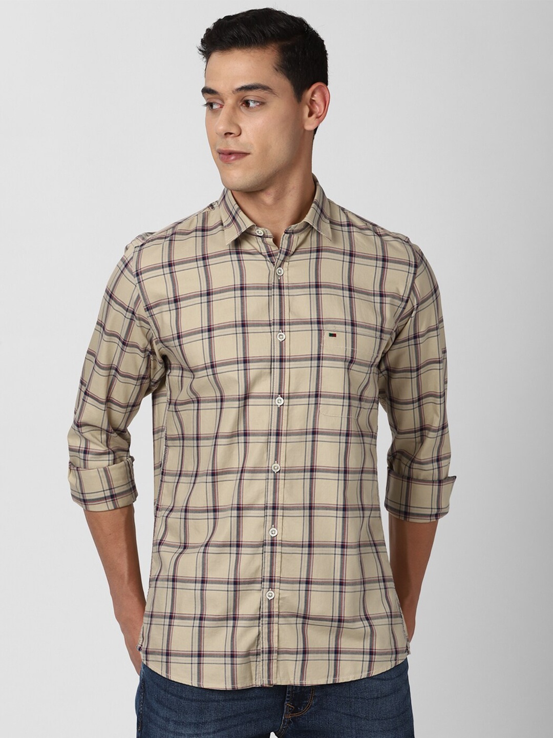 

Peter England Casuals Men Khaki Slim Fit Windowpane Checks Printed Cotton Casual Shirt