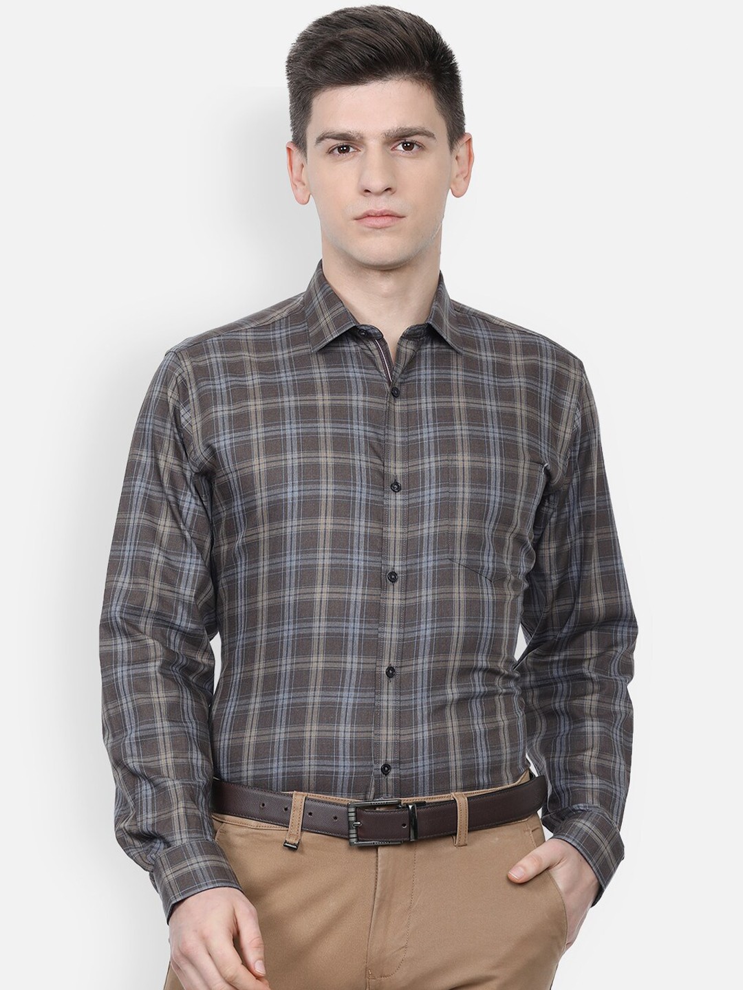 

Van Heusen Men Olive Green Slim Fit Tartan Checks Checked Pure Cotton Formal Shirt