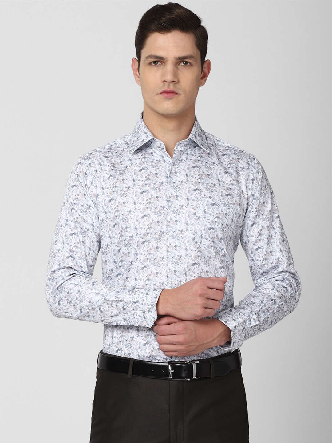 Van Heusen Men Grey Floral Printed Regular Fit Pure Cotton Formal Shirt