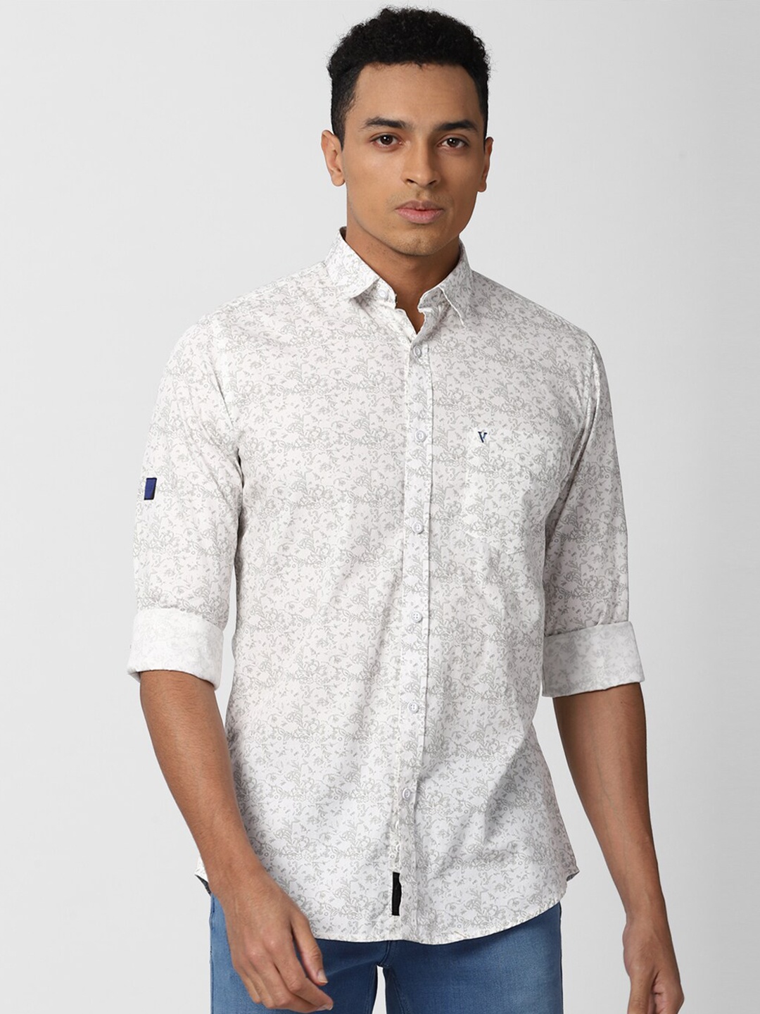 

VAN HEUSEN DENIM LABS Men Cream-Coloured Floral Printed Slim Fit Pure Cotton Shirt