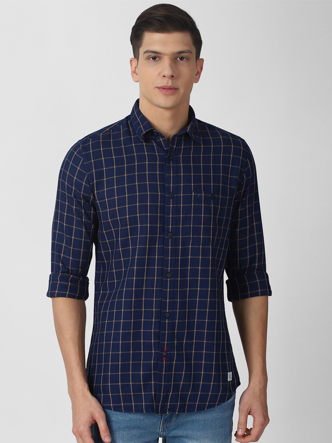 

VAN HEUSEN DENIM LABS Men Navy Blue Slim Fit Checked Cotton Casual Shirt
