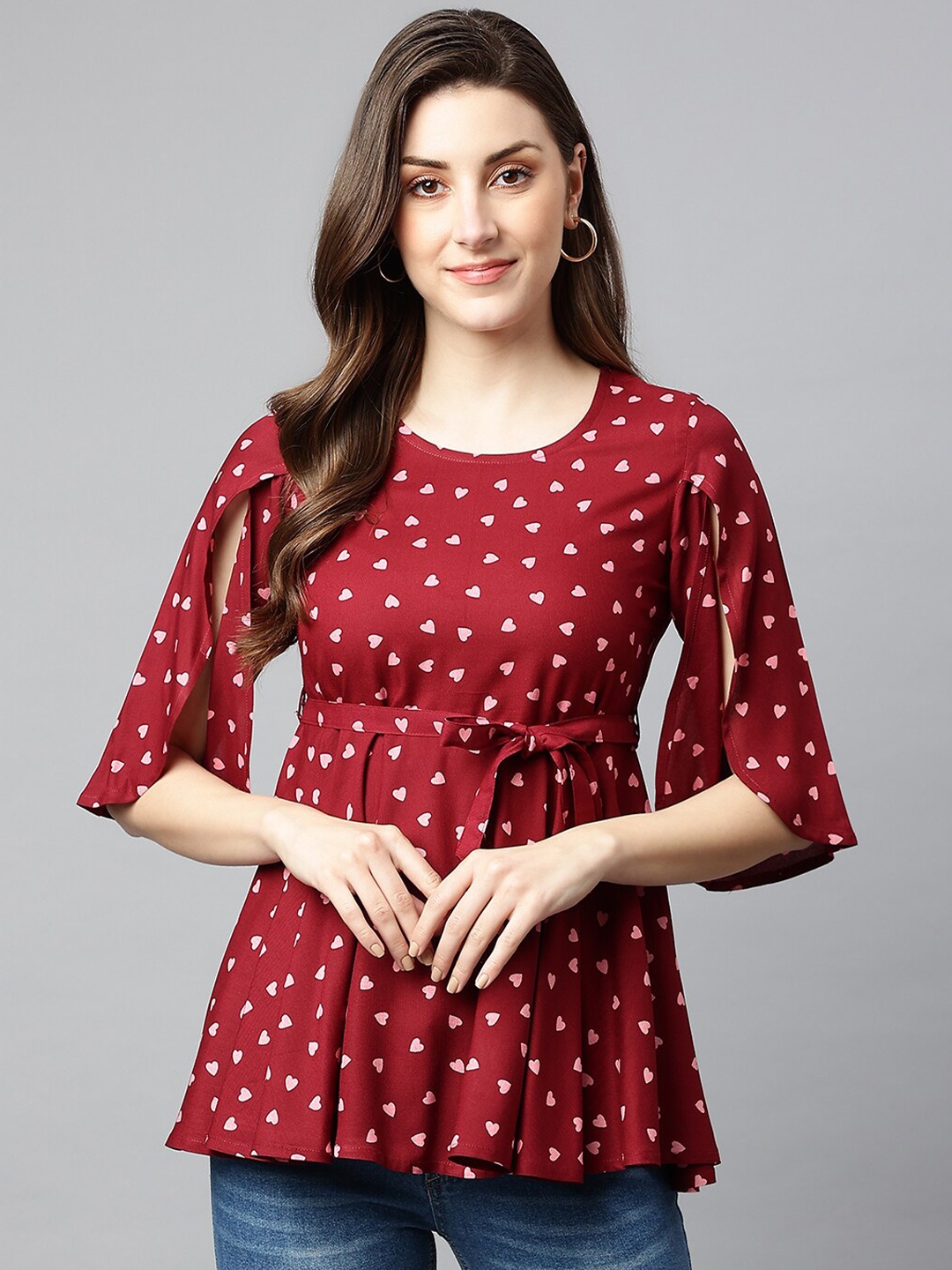 

SHINOY Maroon Geometric Printed Liva Empire Top