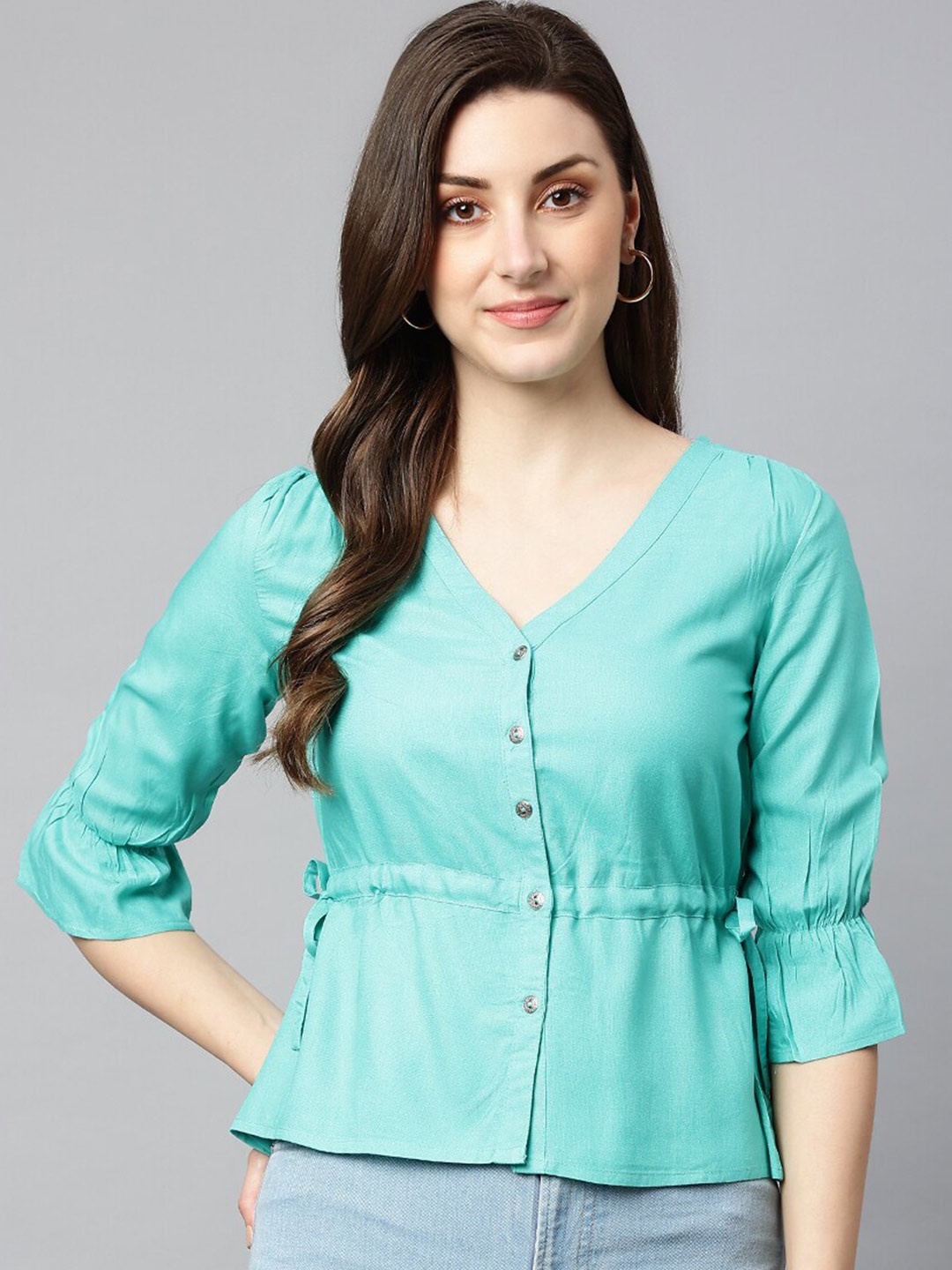 

SHINOY Turquoise Blue Liva Cinched Waist Top