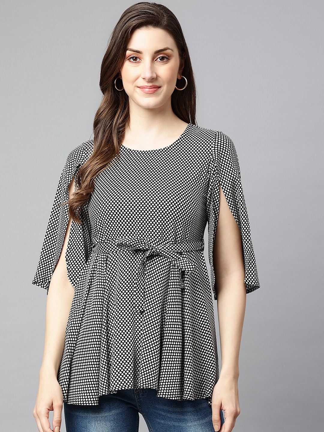 

SHINOY Black & White Print Monochrome Liva Cinched Waist Top