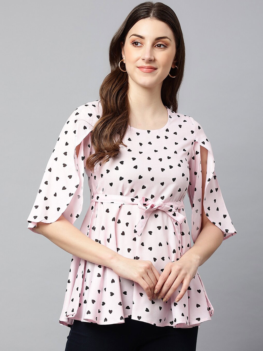 

SHINOY Pink & Black Heart Print Liva Blouson Top