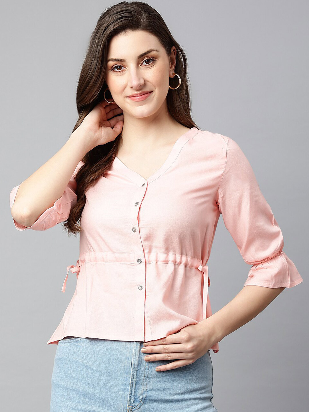

SHINOY Pink Liva Cinched Waist Solid Top