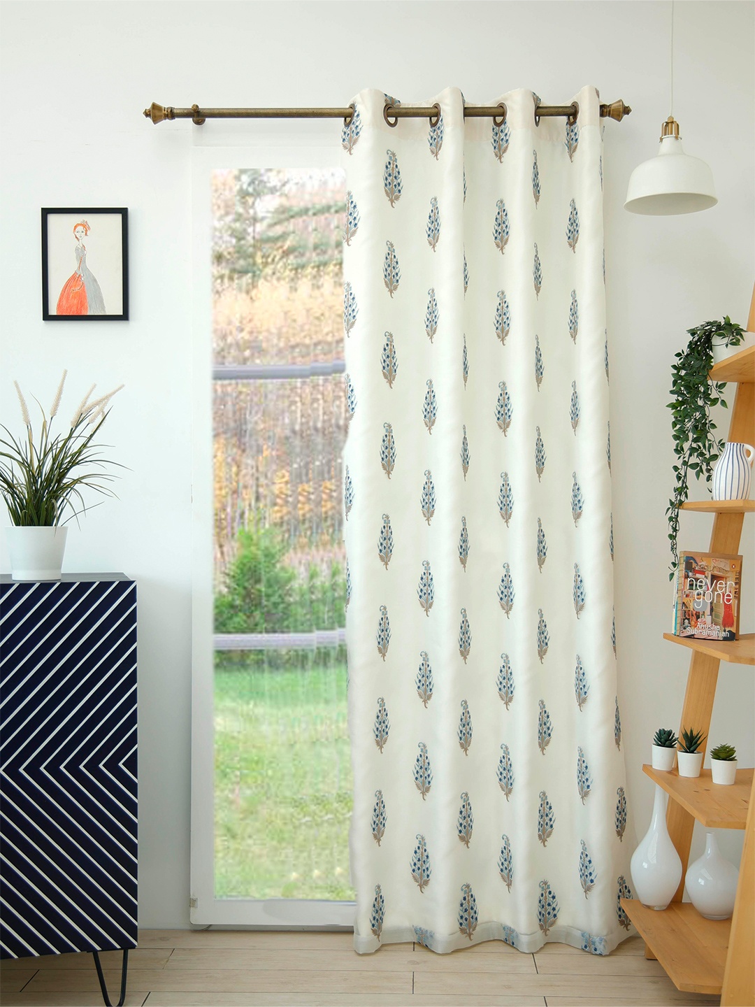 

Ariana Blue & White Ethnic Motifs Embroidered Room Darkening Long Door Curtain