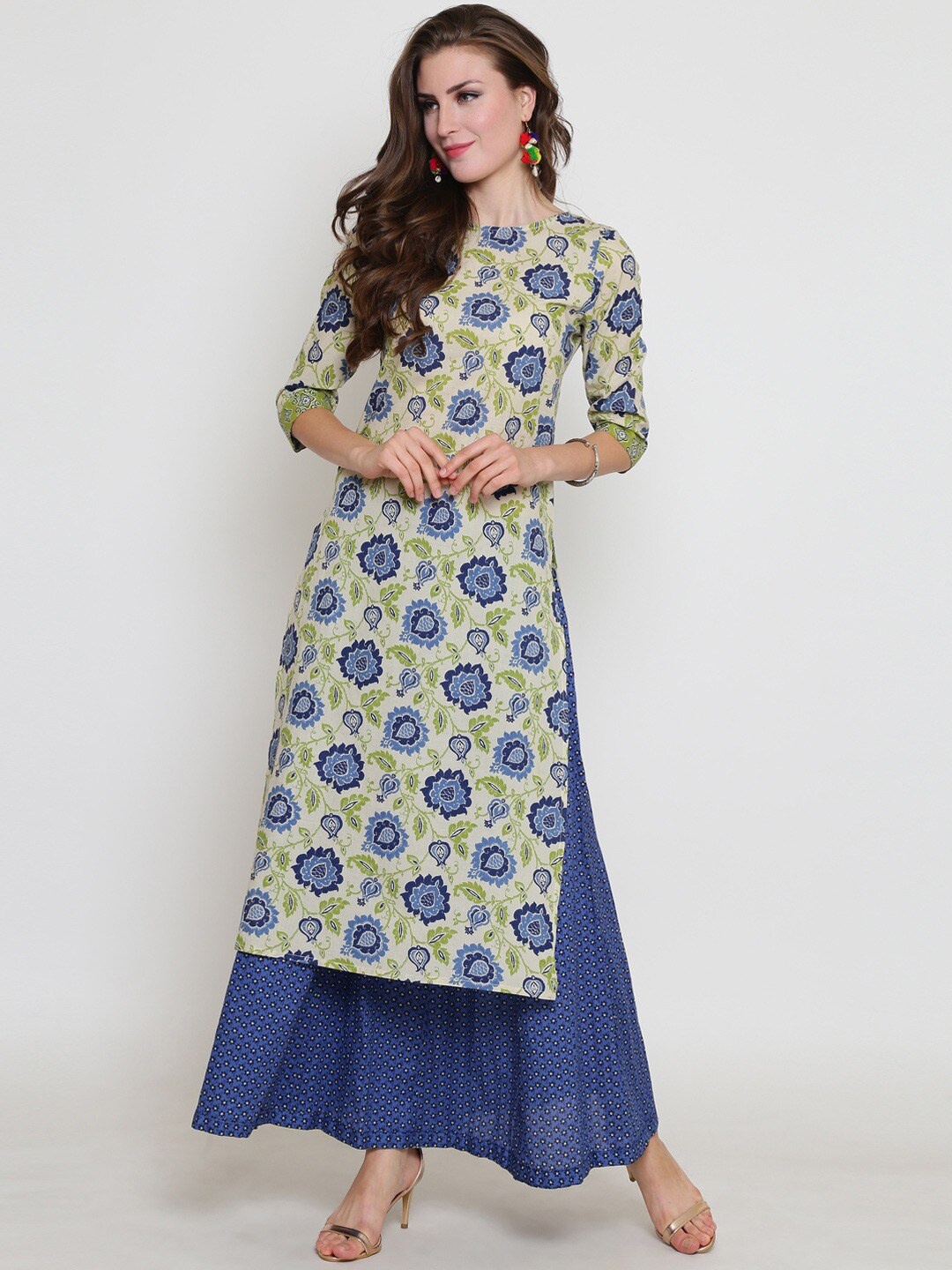 

Sera Women Green Floral Printed Pure Cotton Kurta with Skirt