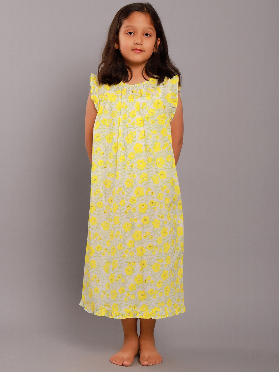 

My Little Lambs Girls Yellow Floral Printed Cotton Maxi Nightdress