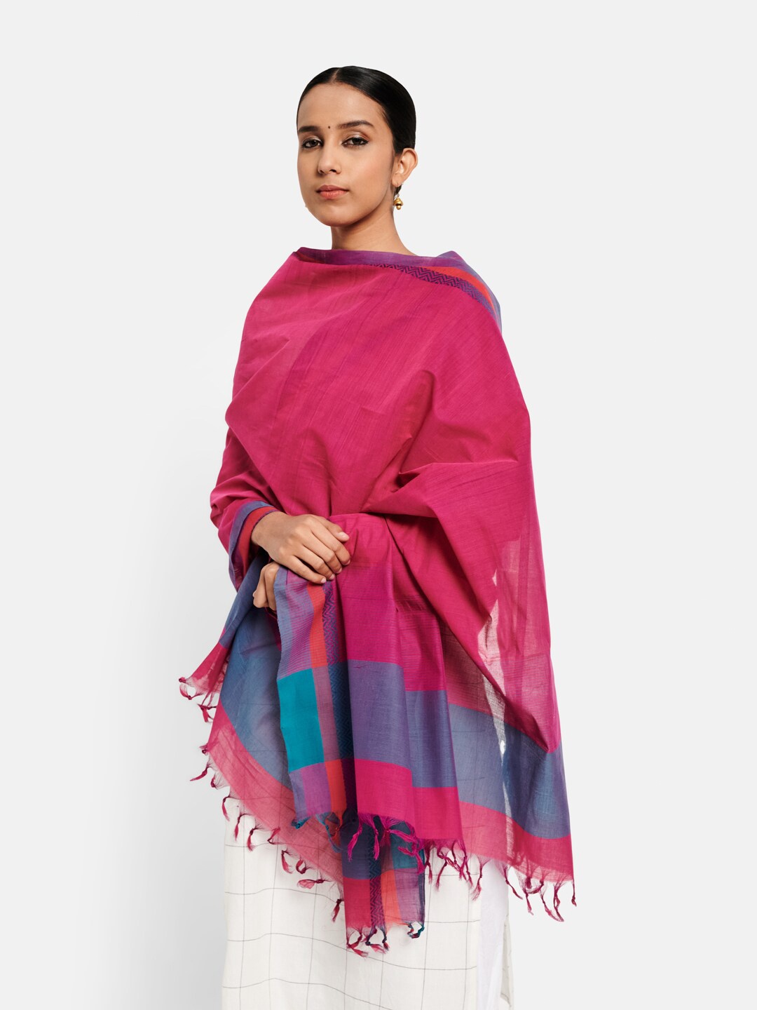 

Fabindia Pink & Blue Pure Cotton Solid Dupatta