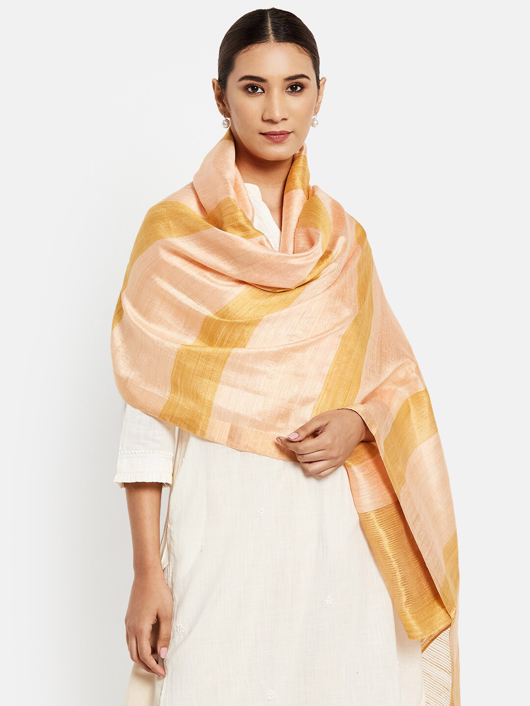 

Fabindia Yellow & Peach-Coloured Striped Pure Silk Dupatta