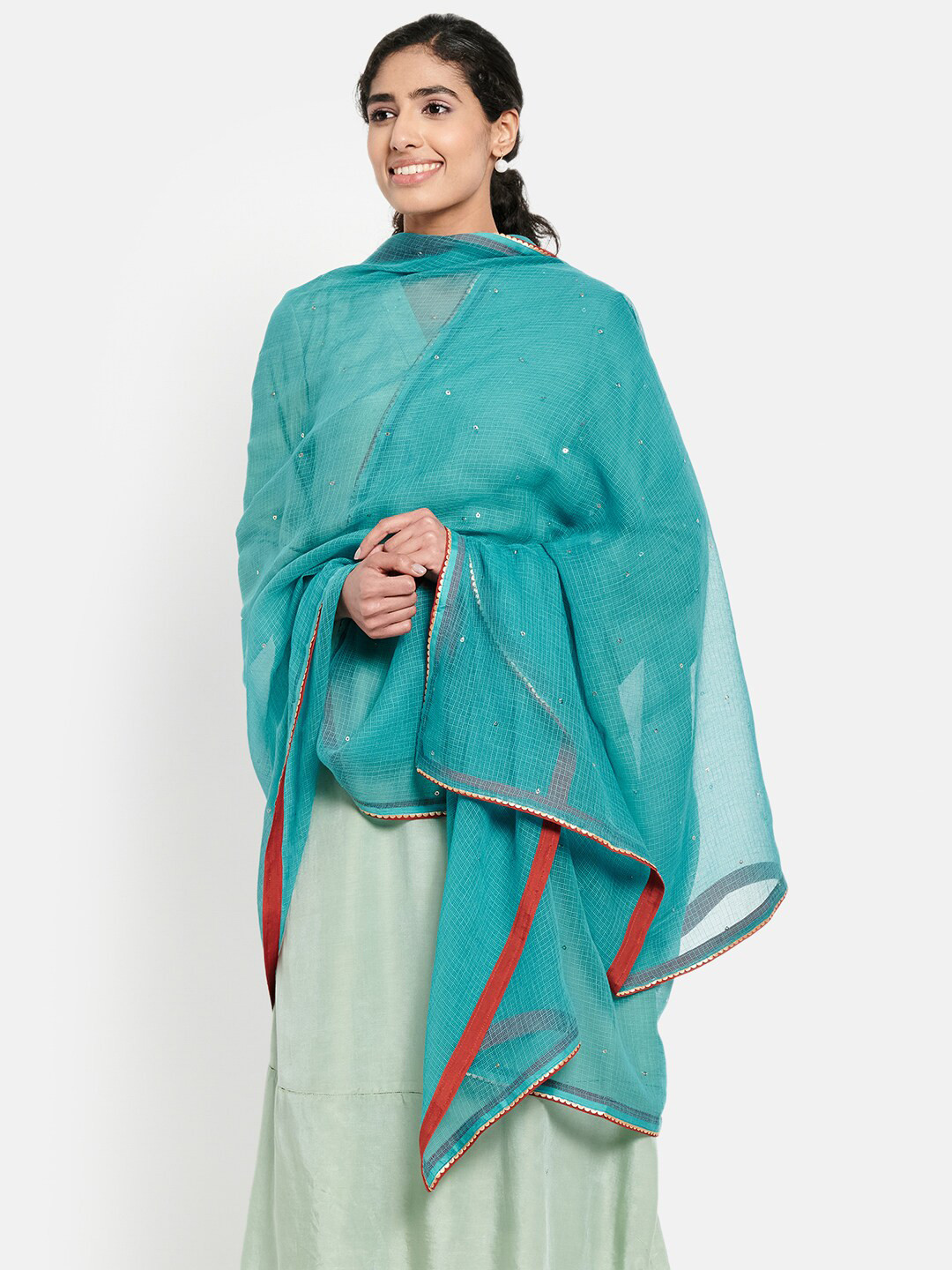 

Fabindia Turquoise Blue & Red Embroidered Cotton Silk Dupatta
