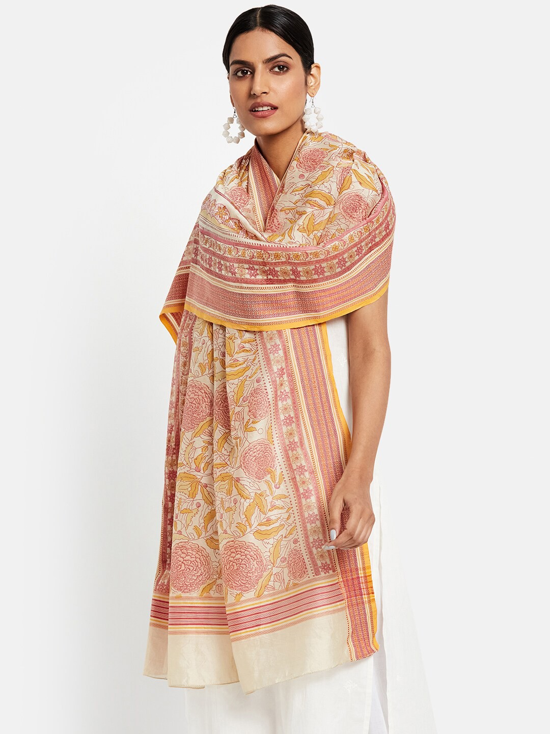 

Fabindia Yellow & Pink Printed Cotton Silk Dupatta