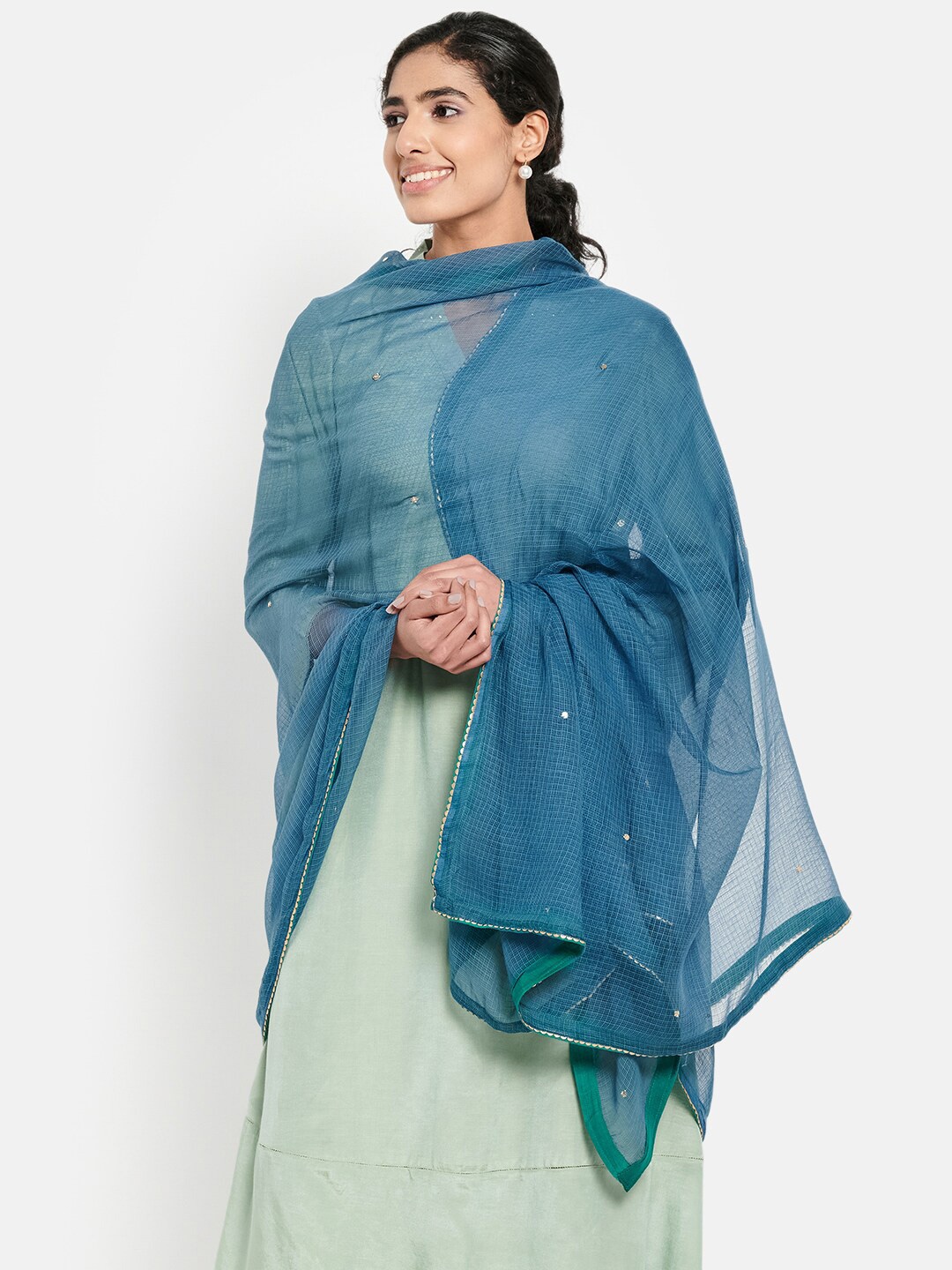 

Fabindia Blue & Gold-Toned Embroidered Cotton Silk Dupatta