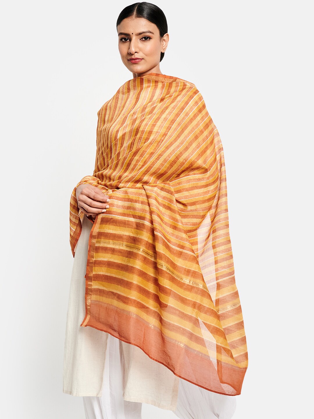 

Fabindia Mustard & Brown Printed Cotton Silk Dupatta