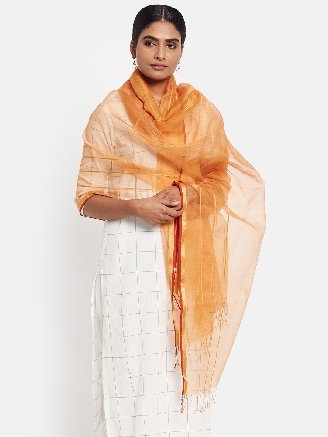 

Fabindia Mustard & Red Woven Design Cotton Silk Dupatta