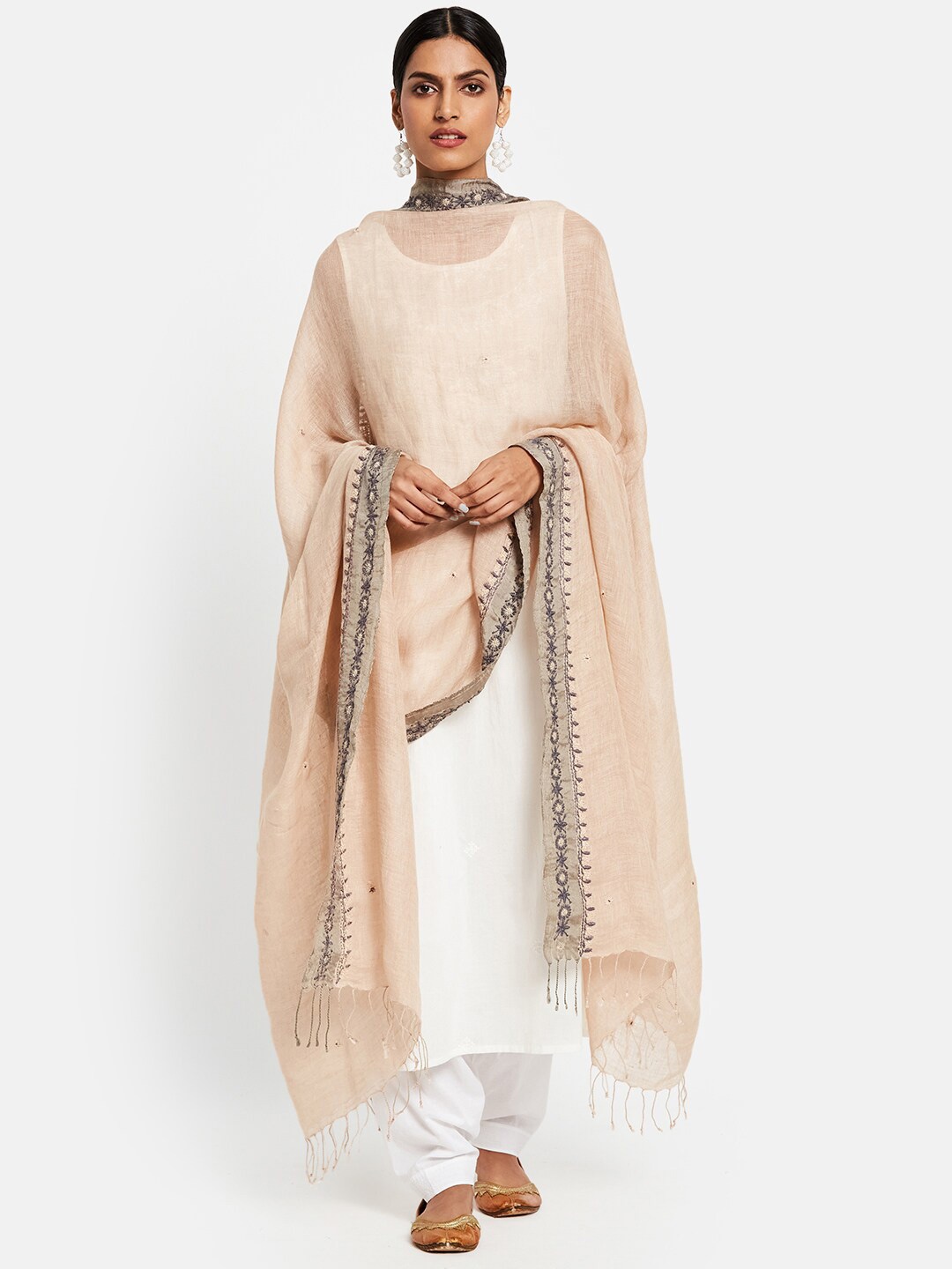 

Fabindia Women Beige & Grey Embroidered Linen Dupatta