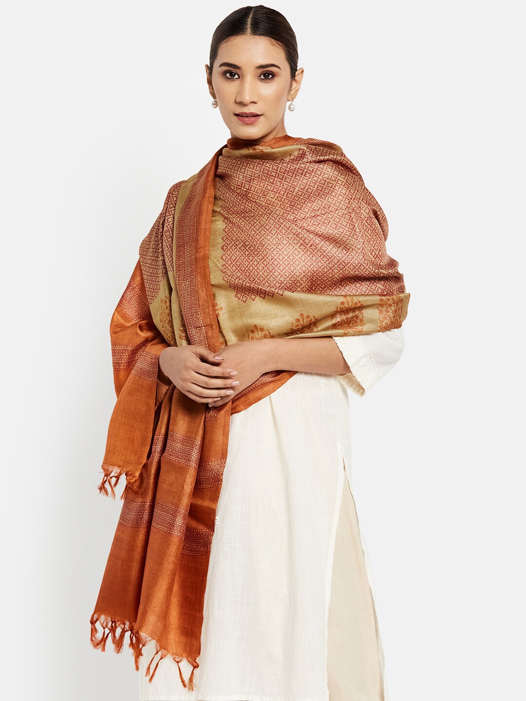 

Fabindia Women Orange & Brown Ethnic Motifs Printed Pure Silk Dupatta