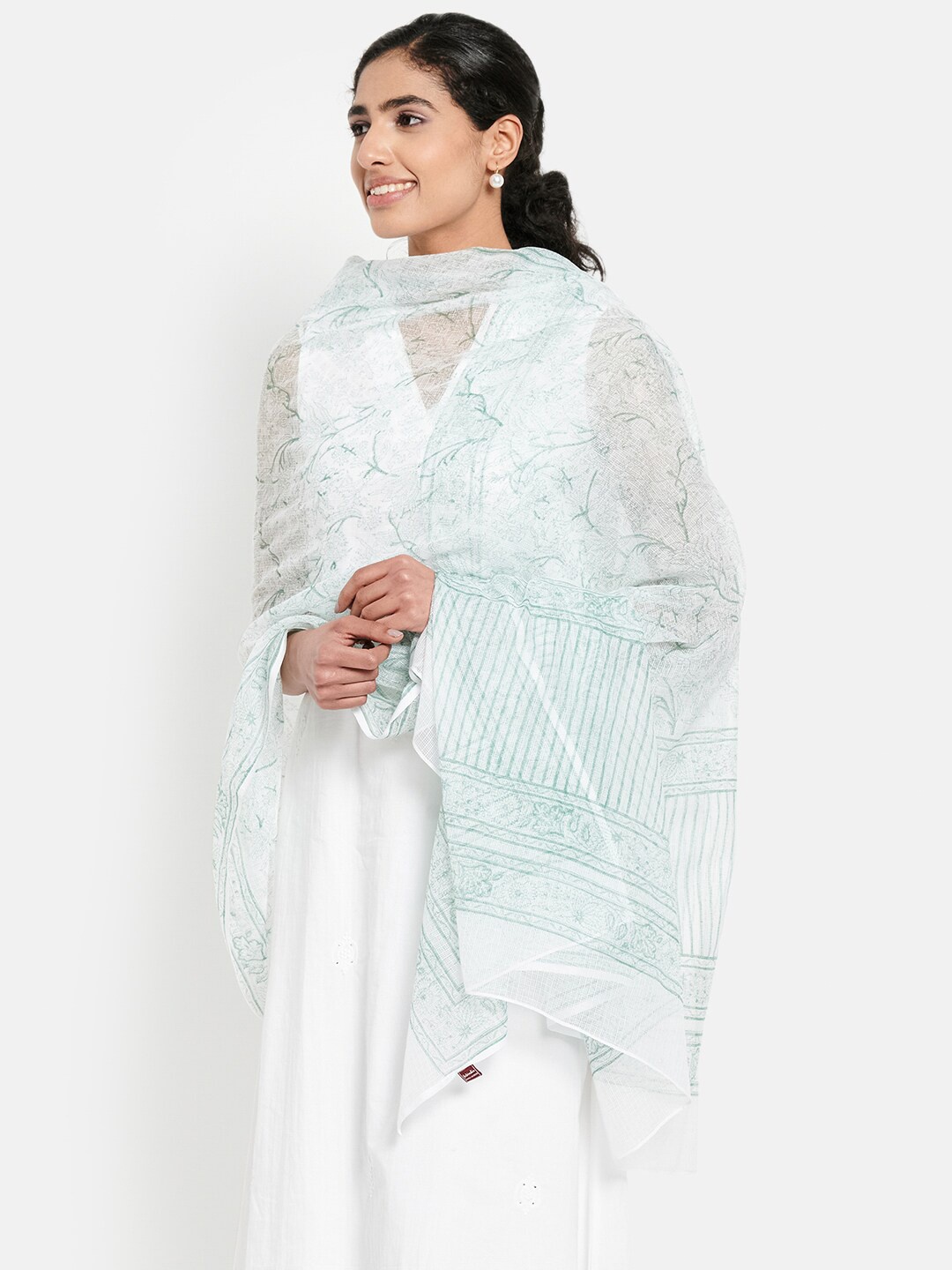 

Fabindia Green & White Printed Cotton Silk Dupatta