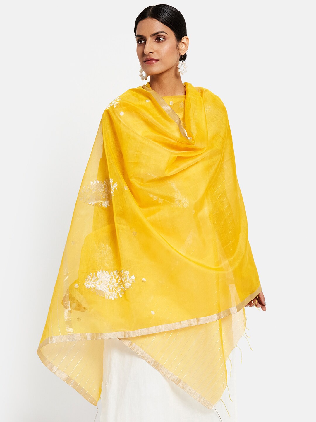 

Fabindia Yellow & Silver-Toned Ethnic Motifs Woven Design Cotton Silk Dupatta with Zari